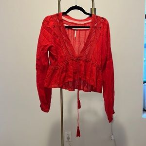 Free People Red Long Sleeve Tassel Shirt